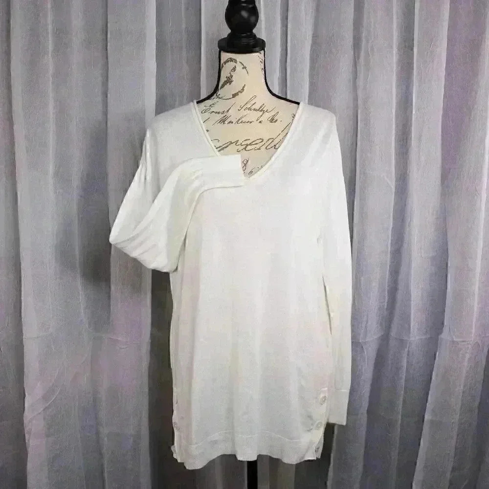 J. Crew Size L White linen blend side button vneck sweater